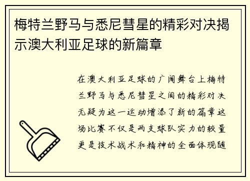 梅特兰野马与悉尼彗星的精彩对决揭示澳大利亚足球的新篇章