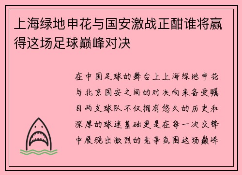 上海绿地申花与国安激战正酣谁将赢得这场足球巅峰对决