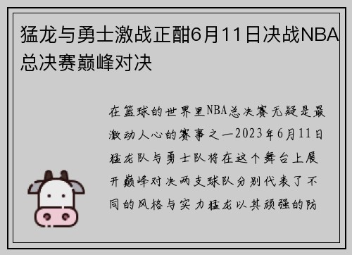 猛龙与勇士激战正酣6月11日决战NBA总决赛巅峰对决