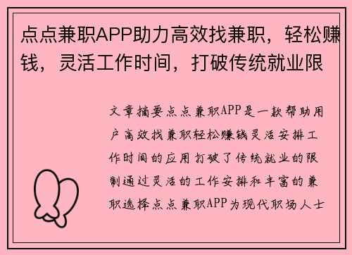 点点兼职APP助力高效找兼职，轻松赚钱，灵活工作时间，打破传统就业限制