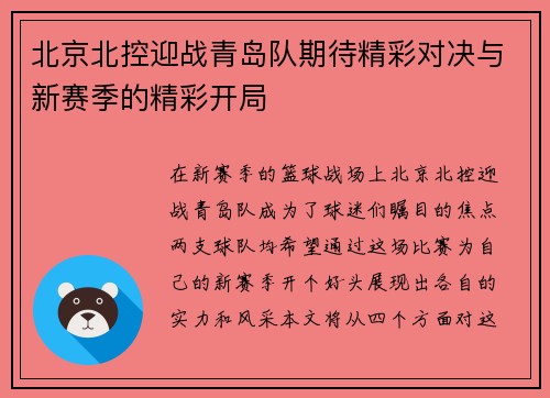 北京北控迎战青岛队期待精彩对决与新赛季的精彩开局