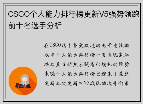 CSGO个人能力排行榜更新V5强势领跑前十名选手分析