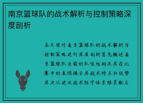 南京篮球队的战术解析与控制策略深度剖析
