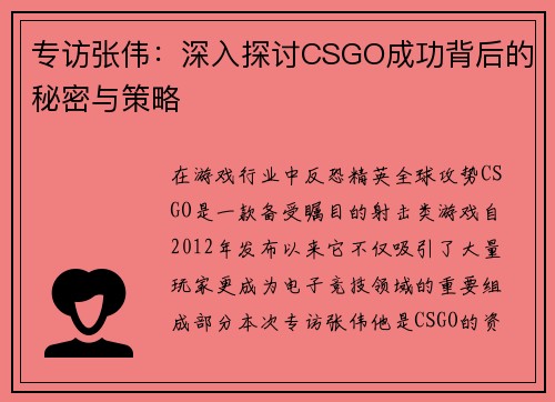 专访张伟：深入探讨CSGO成功背后的秘密与策略
