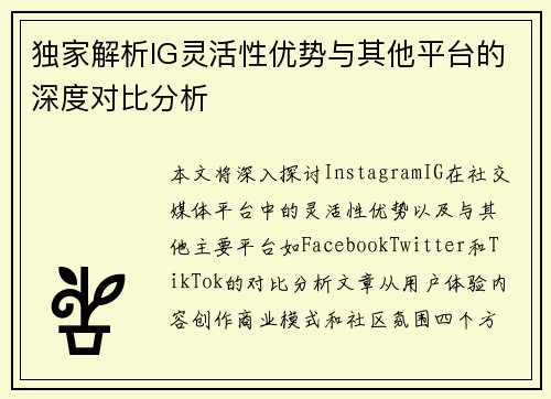 独家解析IG灵活性优势与其他平台的深度对比分析