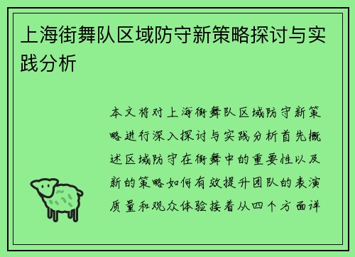 上海街舞队区域防守新策略探讨与实践分析